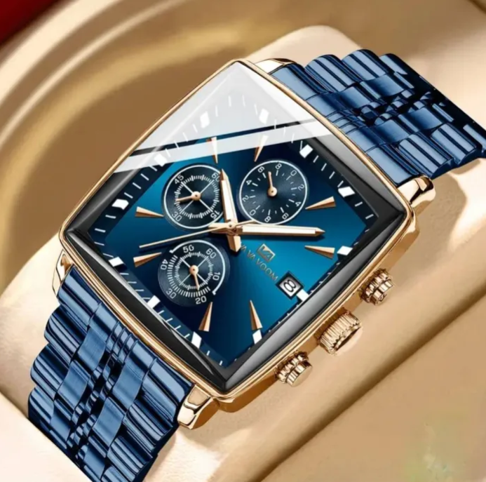 ABU USMAN Luxury Business Chronograph Square Mens Wrist Watch, Fashion Analog Quartz Watch, Classic Big Face Waterproof Luminous Date Stainless Watches for Men Blue Dial