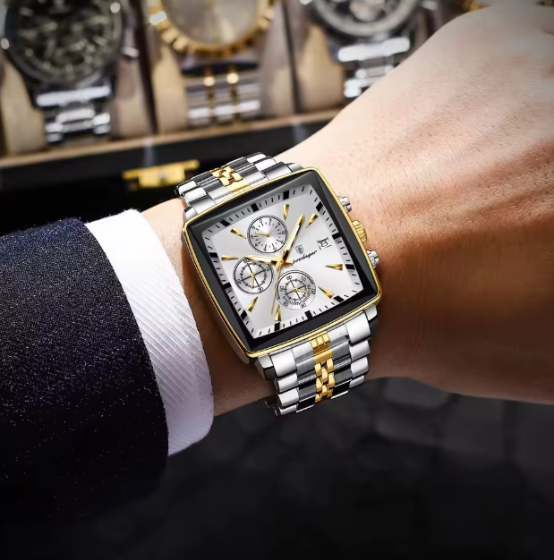 ABU USMAN, Luxury Square Sport Man Wrist watch Waterproof Luminous Chronograph Quartz Men's Watches Stainless Steel.