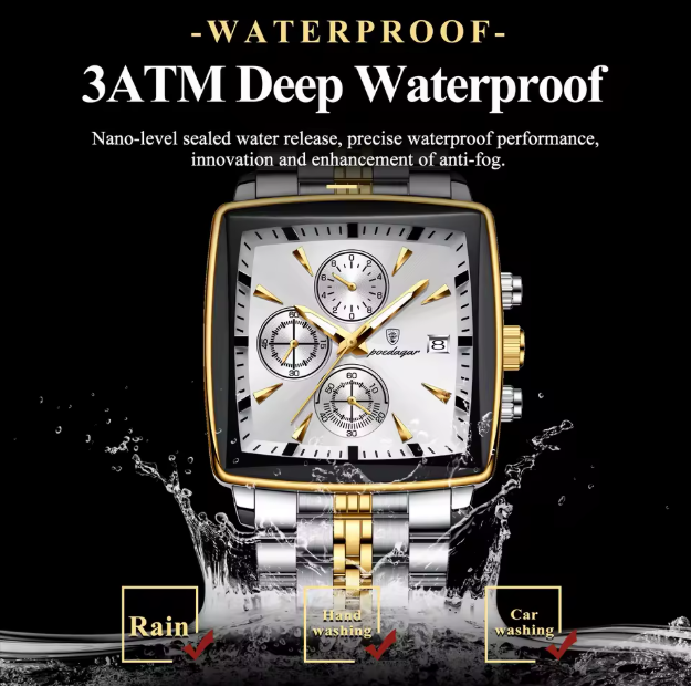 ABU USMAN, Luxury Square Sport Man Wrist watch Waterproof Luminous Chronograph Quartz Men's Watches Stainless Steel.