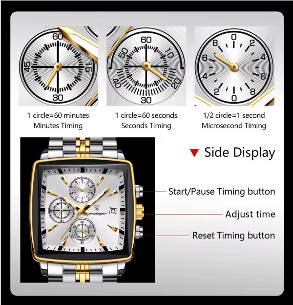 ABU USMAN, Luxury Square Sport Man Wrist watch Waterproof Luminous Chronograph Quartz Men's Watches Stainless Steel.