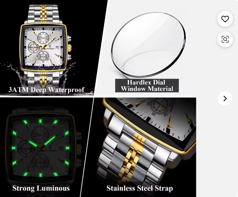 ABU USMAN, Luxury Square Sport Man Wrist watch Waterproof Luminous Chronograph Quartz Men's Watches Stainless Steel.