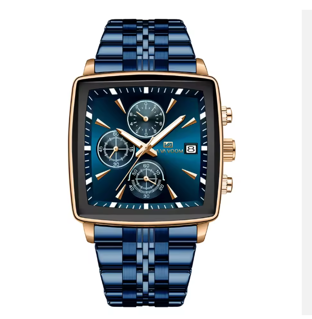 ABU USMAN Luxury Business Chronograph Square Mens Wrist Watch, Fashion Analog Quartz Watch, Classic Big Face Waterproof Luminous Date Stainless Watches for Men Blue Dial