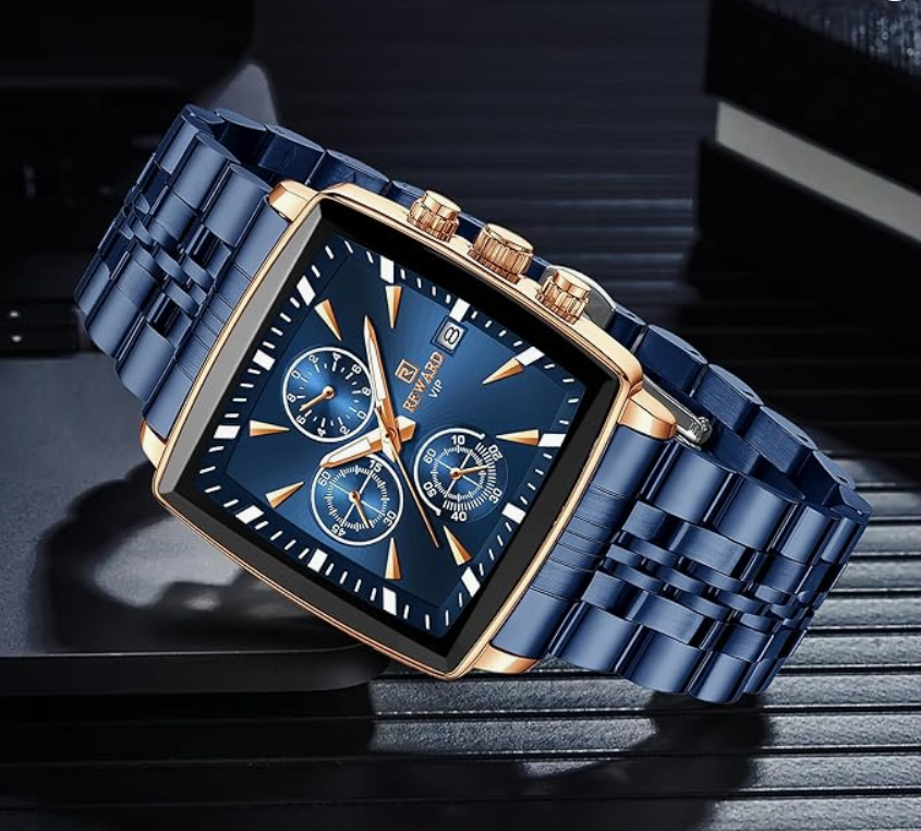 ABU USMAN Luxury Business Chronograph Square Mens Wrist Watch, Fashion Analog Quartz Watch, Classic Big Face Waterproof Luminous Date Stainless Watches for Men Blue Dial