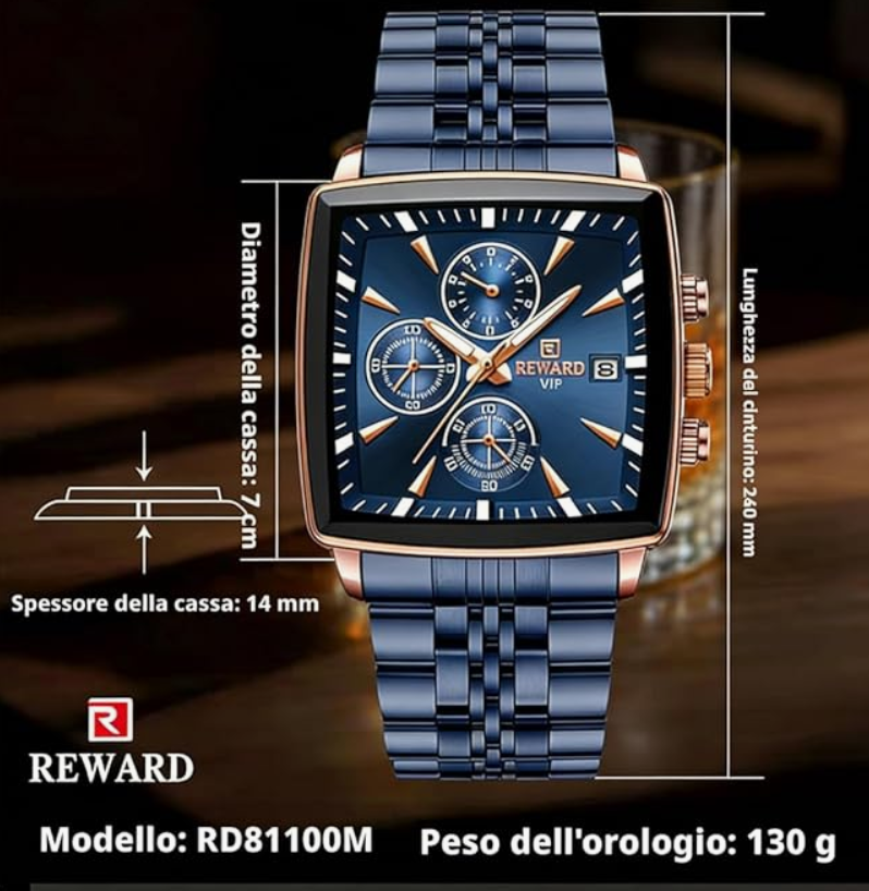 ABU USMAN Luxury Business Chronograph Square Mens Wrist Watch, Fashion Analog Quartz Watch, Classic Big Face Waterproof Luminous Date Stainless Watches for Men Blue Dial