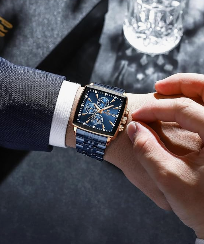 ABU USMAN Luxury Business Chronograph Square Mens Wrist Watch, Fashion Analog Quartz Watch, Classic Big Face Waterproof Luminous Date Stainless Watches for Men Blue Dial