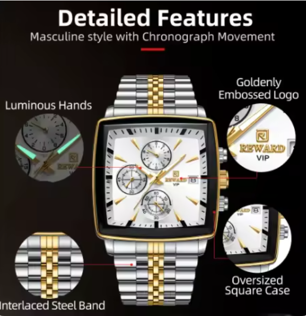 Abu Usman REWARD VIP Mens Watches Waterproof Luminous Sport Watches for Man Stainless Steel Wristwatch.
