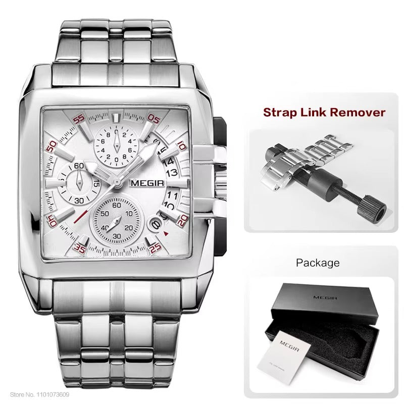 ABU USMAN Men's Business Square Watch Analogue Chronograph Waterproof AUTO Date Quartz Watch, bracelet