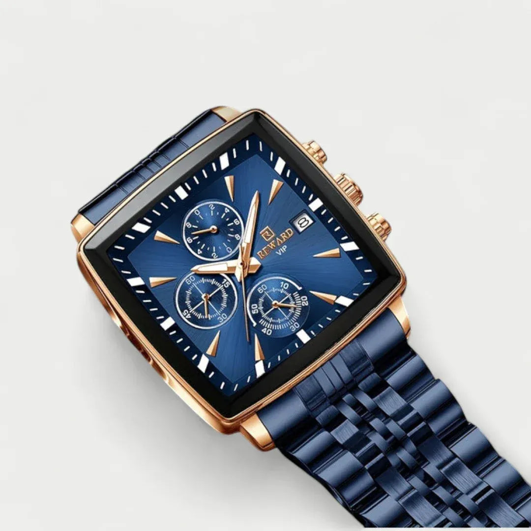 ABU USMAN Luxury Business Chronograph Square Mens Wrist Watch, Fashion Analog Quartz Watch, Classic Big Face Waterproof Luminous Date Stainless Watches for Men Blue Dial