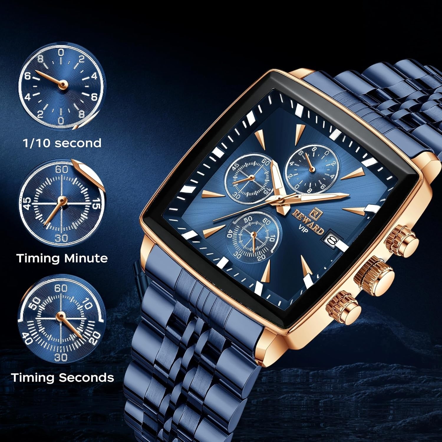 ABU USMAN Luxury Business Chronograph Square Mens Wrist Watch, Fashion Analog Quartz Watch, Classic Big Face Waterproof Luminous Date Stainless Watches for Men Blue Dial