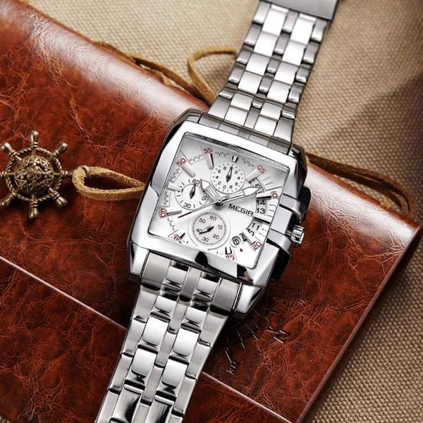 ABU USMAN Men's Business Square Watch Analogue Chronograph Waterproof AUTO Date Quartz Watch, bracelet