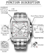 ABU USMAN Men's Business Square Watch Analogue Chronograph Waterproof AUTO Date Quartz Watch, bracelet