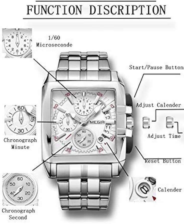 ABU USMAN Men's Business Square Watch Analogue Chronograph Waterproof AUTO Date Quartz Watch, bracelet