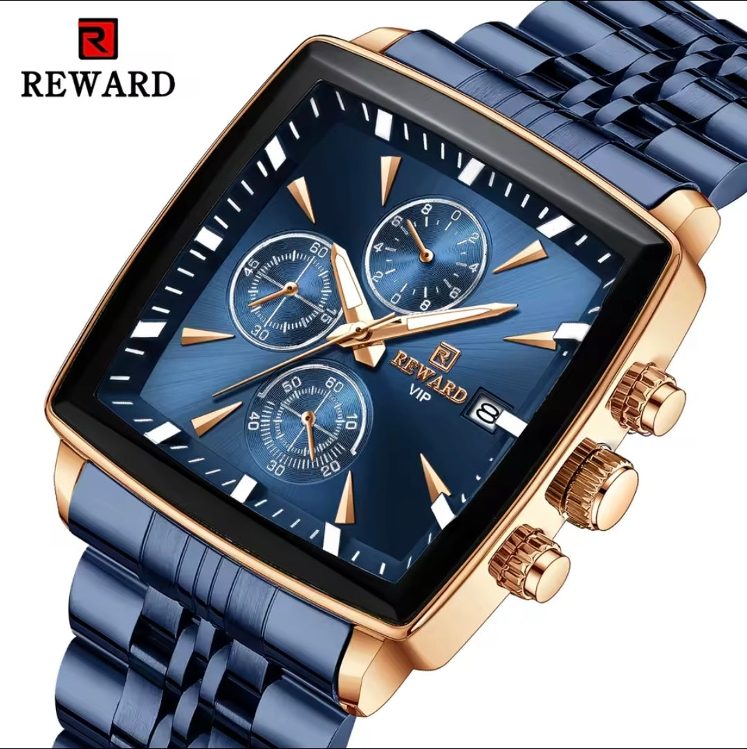 ABU USMAN Luxury Business Chronograph Square Mens Wrist Watch, Fashion Analog Quartz Watch, Classic Big Face Waterproof Luminous Date Stainless Watches for Men Blue Dial